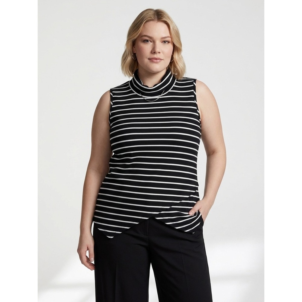 Love On Tap Cowl Neck Striped Sleeveless Top Women's Large Black White Tunic-L